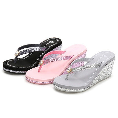 Summer Sequins Rhinestone Women's High Heel Slippers
