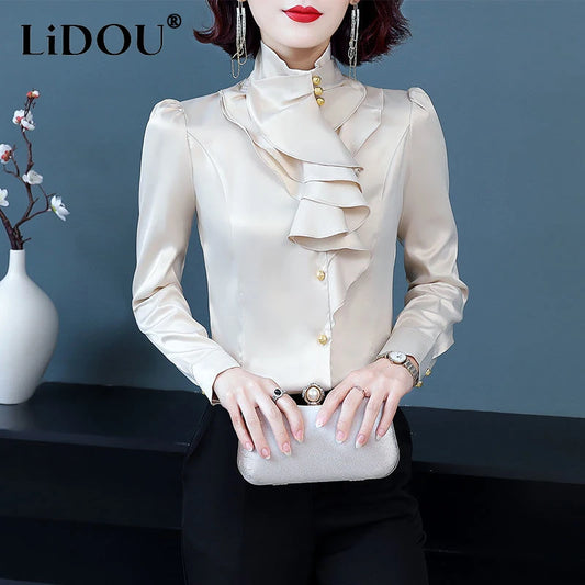 Spring Autumn New Solid Color Stand Collar Long Sleeve Button Shirt Women Fashion Ruffles Casual All-match Office Lady Tops