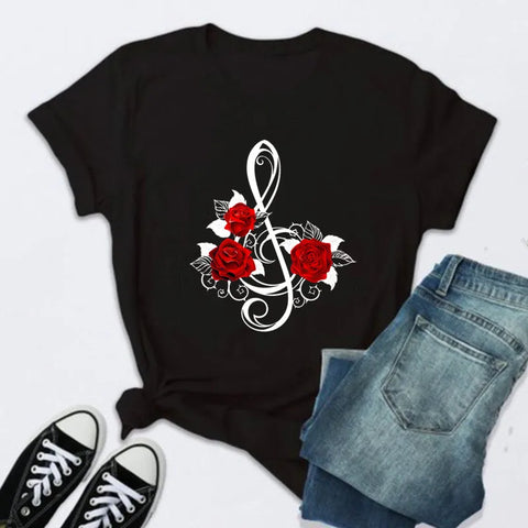 Women’s Fashion T-Shirt – Rose Print Short Sleeve Top