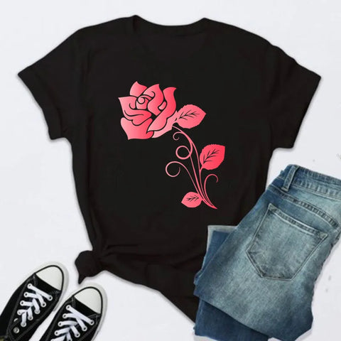 Women’s Fashion T-Shirt – Rose Print Short Sleeve Top