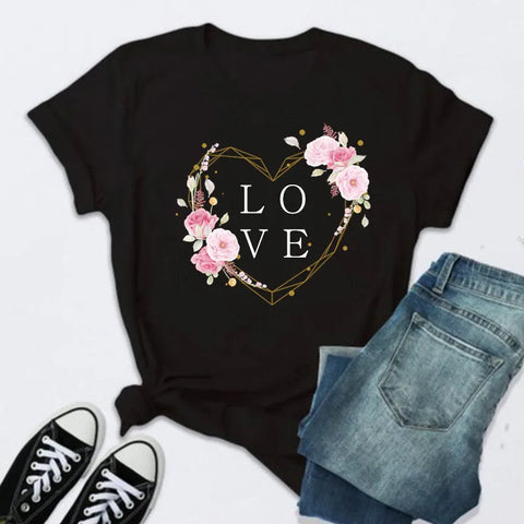 Women’s Fashion T-Shirt – Rose Print Short Sleeve Top