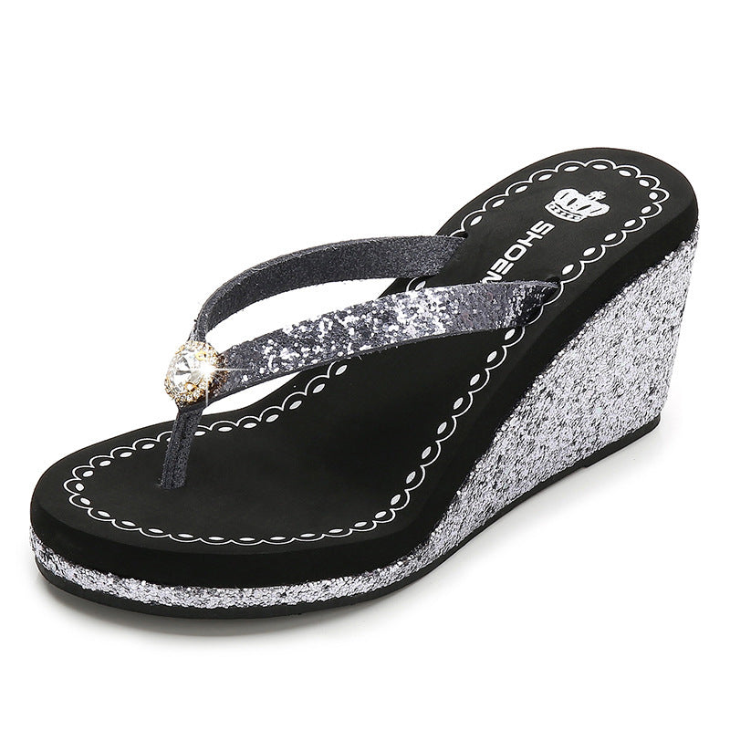 Summer Sequins Rhinestone Women's High Heel Slippers